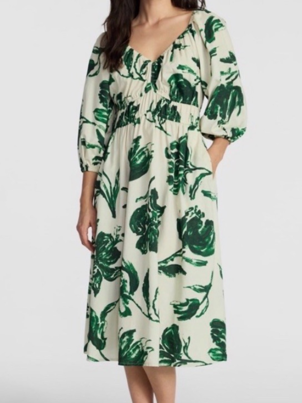 Time and Tru Cinch Waist Midi Dress Puff Sleeves Green Floral Size 12/14